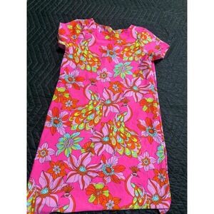 Jude Connally Pink Psychedelic Peacock Floral Shift Dress XS Short Sleeve Mini